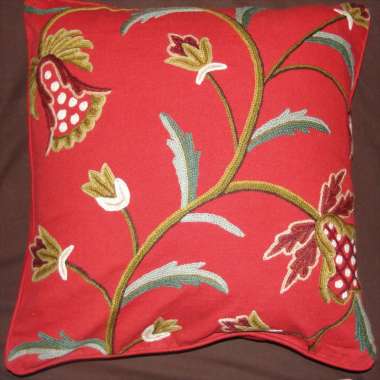 Crewel Pillow Lilly Design on Red Cotton fabric